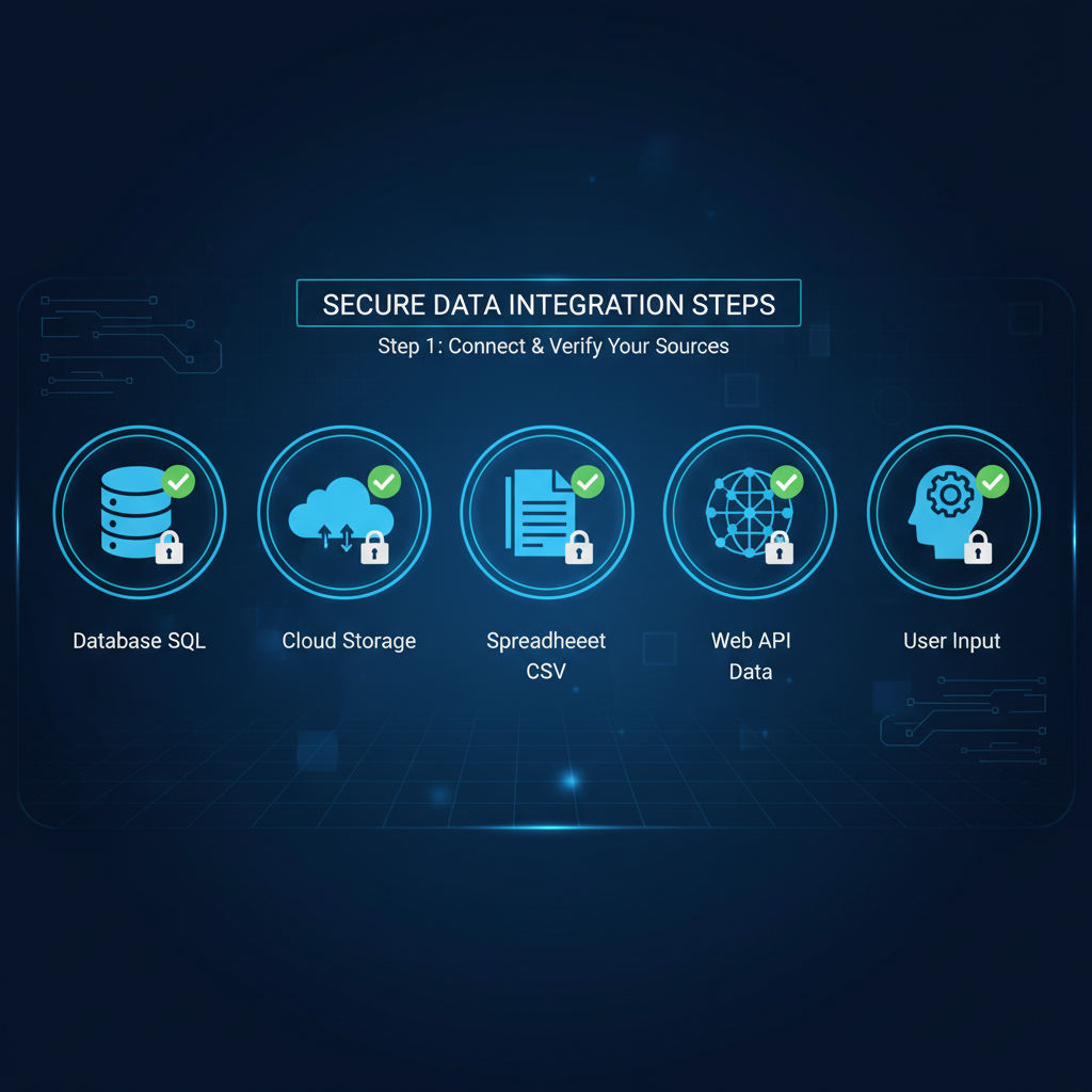 list of data source icons with verification checkmarks, secure lock symbols, digital dashboard style