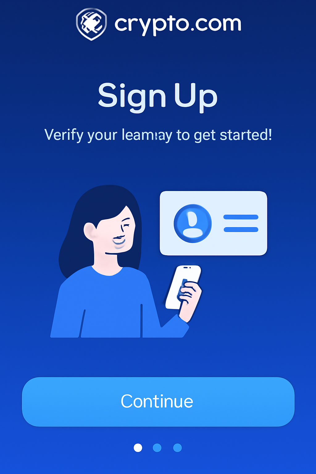 Crypto.com app signup screen with KYC verification, modern mobile UI, blue gradient background