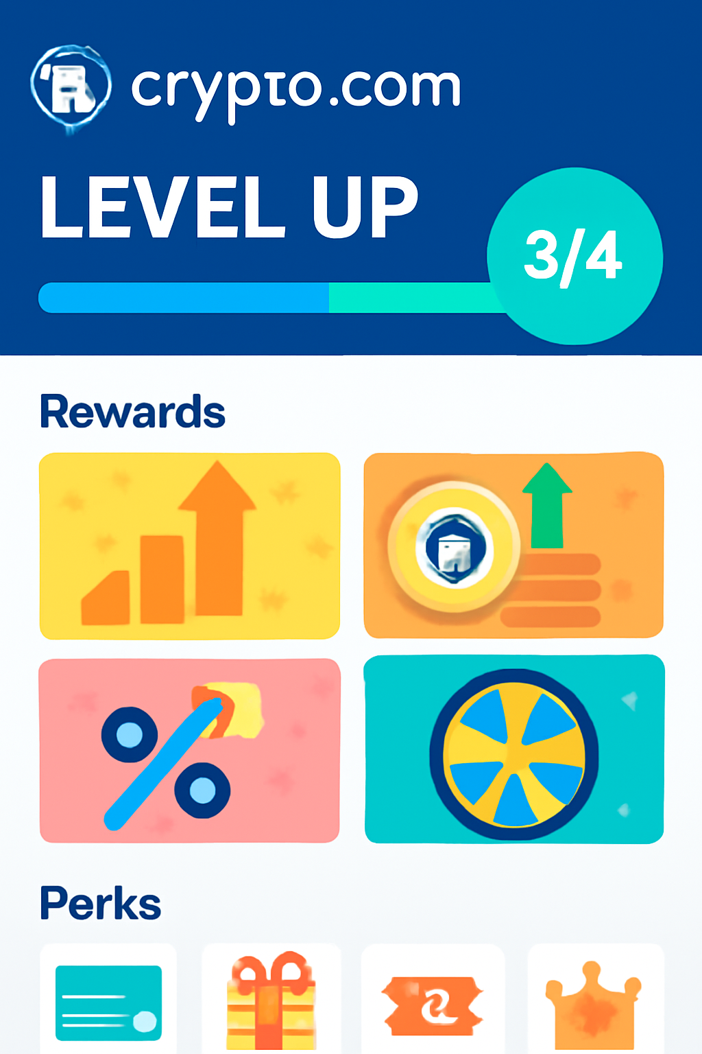 Crypto.com Level Up program dashboard, reward boosts and perks icons, vibrant UI