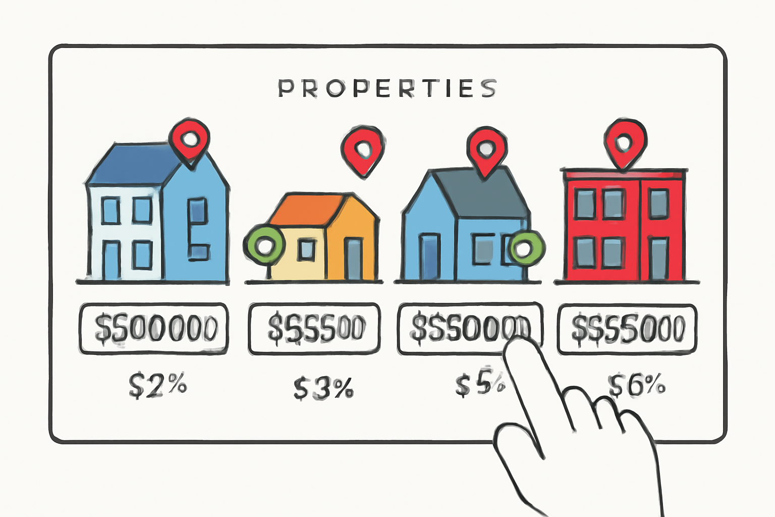 A digital dashboard displaying various properties with price tags, yield percentages, and location pins, inviting user selection.
