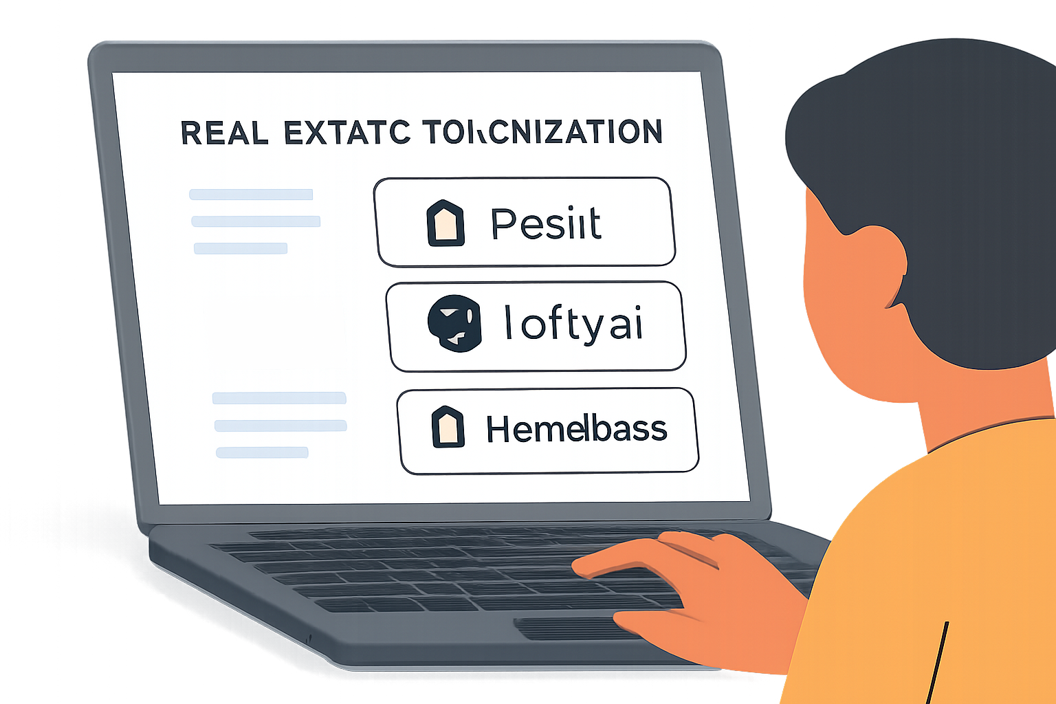 A user browsing a modern real estate tokenization platform on a laptop, with logos of RealT, Lofty.ai, and Homebase visible on the screen.