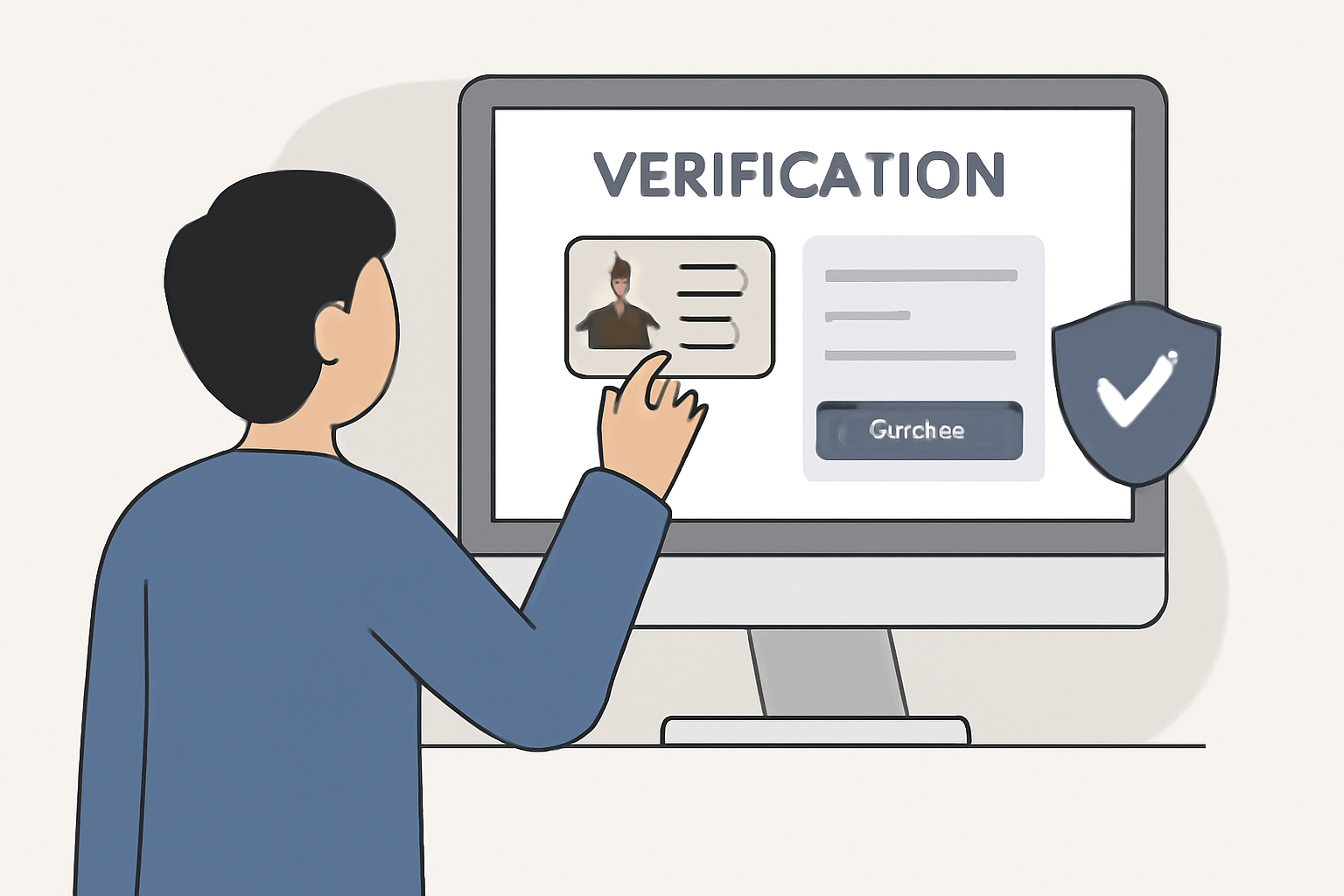 A person uploading their ID and filling out a verification form on a secure website, with a shield icon representing security.