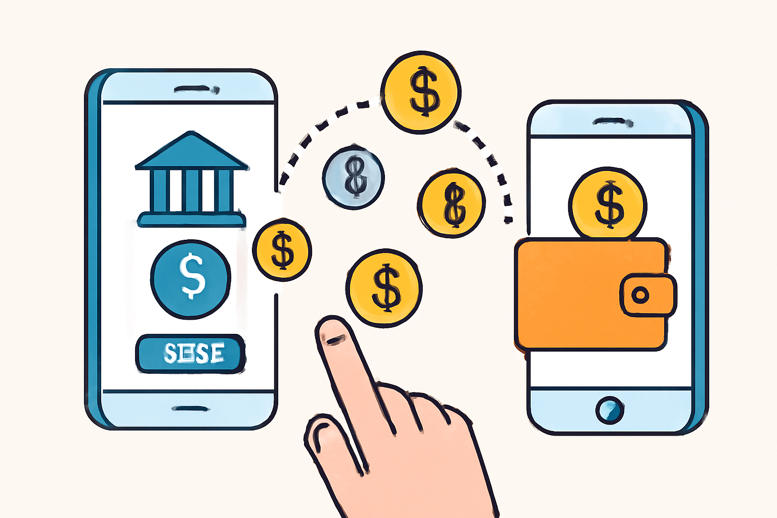 A hand transferring money from a bank app into a digital wallet, with dollar signs and crypto symbols floating around.