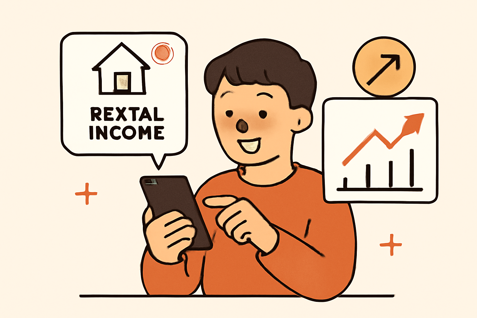 A cheerful investor checking their portfolio on a smartphone, with rental income notifications and upward-trending graphs.