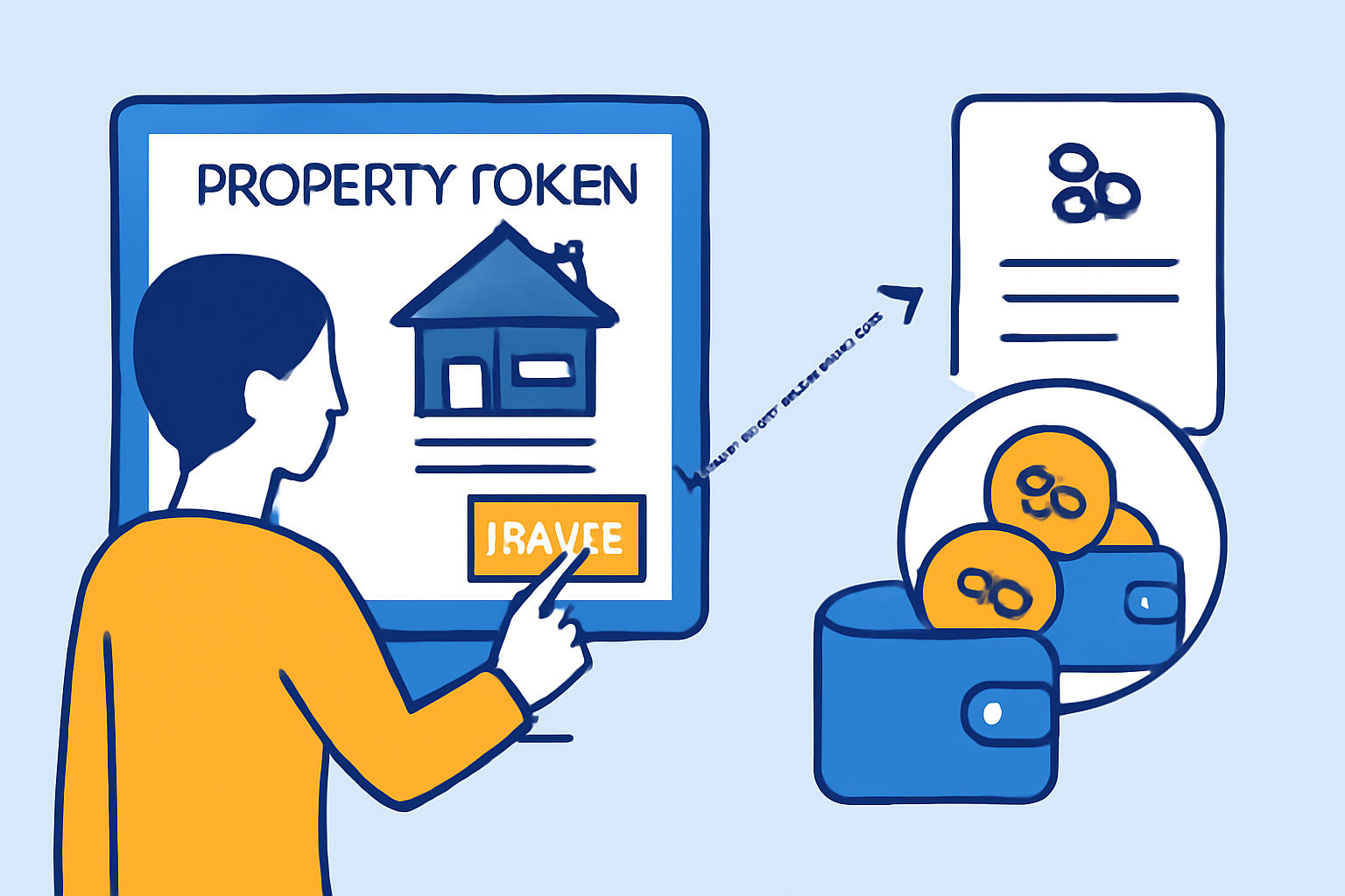 A user clicking 'Buy' on a property token purchase screen, with a blockchain ledger and digital tokens being transferred to their account.