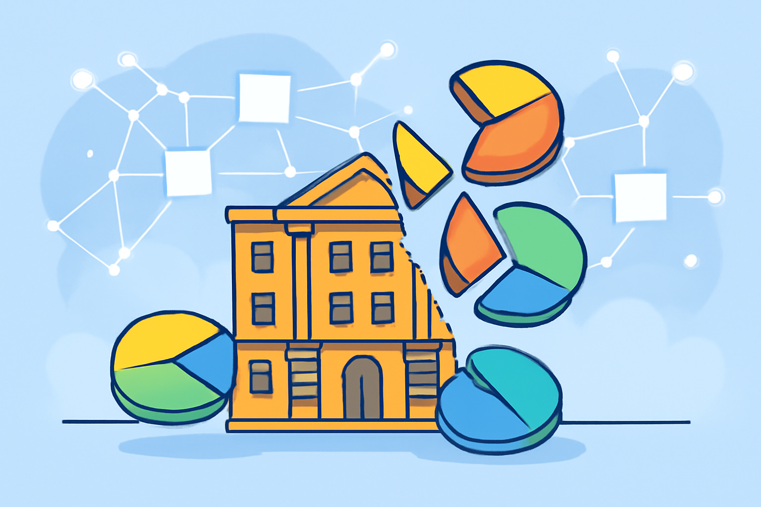 A digital illustration of a building being split into multiple colorful tokens, symbolizing fractional ownership, with a blockchain network in the background.