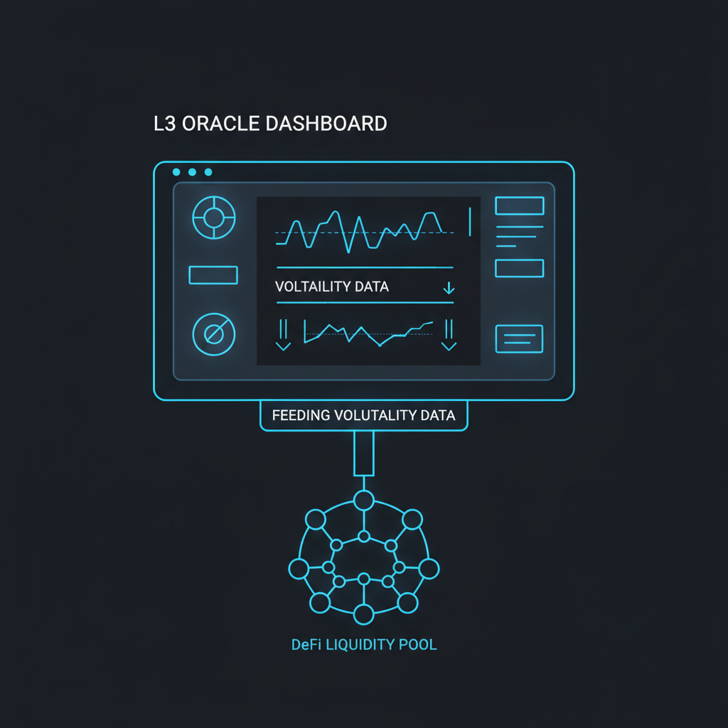 sleek L3 oracle dashboard feeding volatility data into DeFi liquidity pool, neon blue tones, futuristic UI