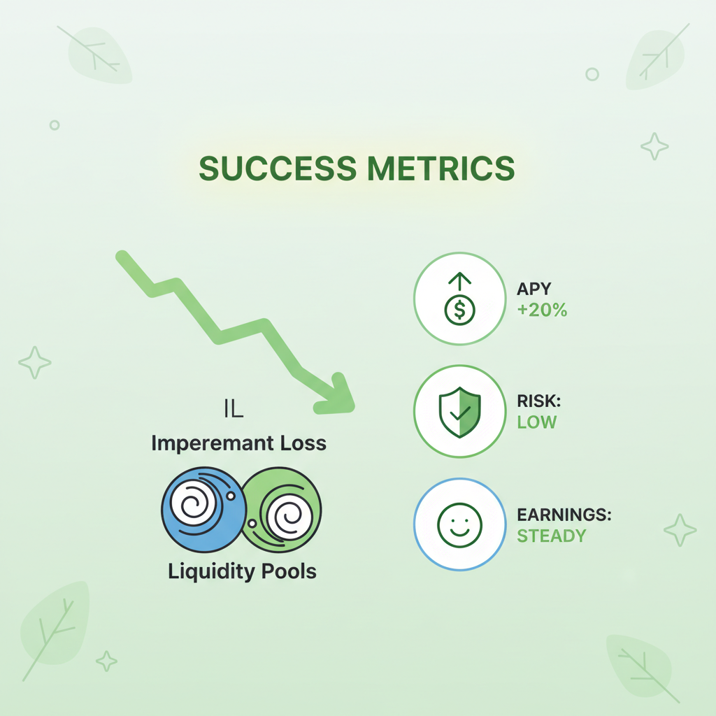 downward trending IL graph with liquidity pool icons, success metrics dashboard, green positive vibes