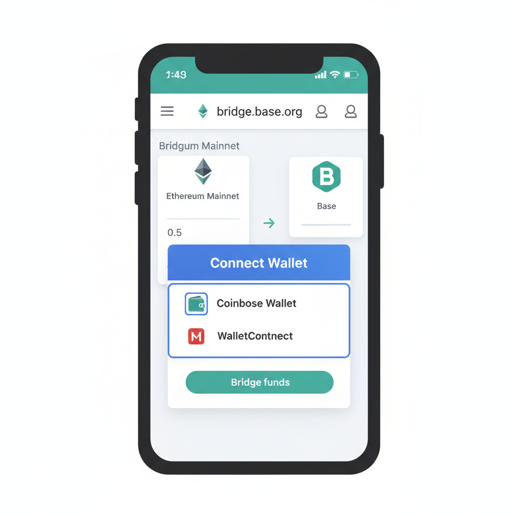 Coinbase Wallet dApp browser on bridge.base.org, connect wallet prompt, Ethereum to Base bridge UI