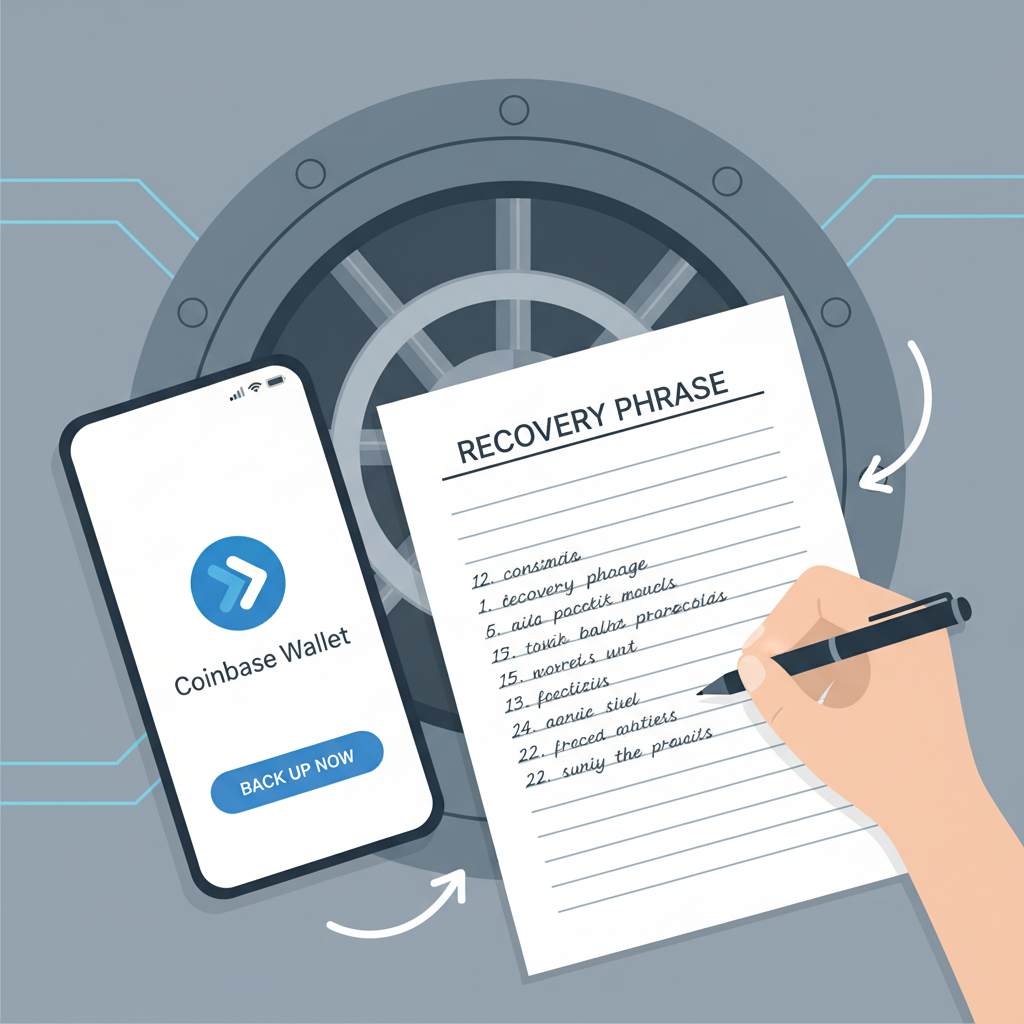 hand writing recovery phrase on paper next to phone with Coinbase Wallet, secure vault background