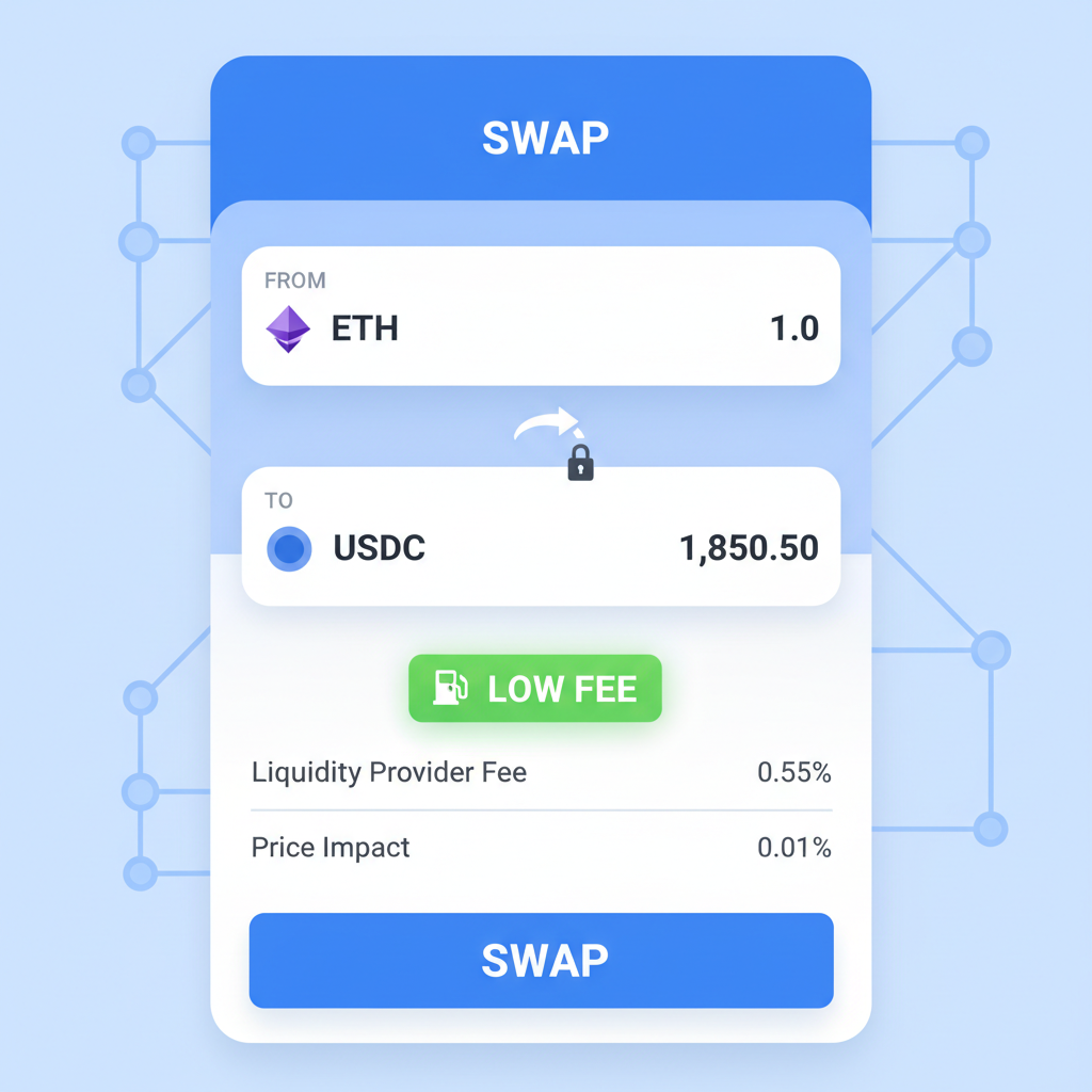 Coinbase Wallet on Base dApp like Uniswap, swap interface, low fee indicator, vibrant DeFi UI
