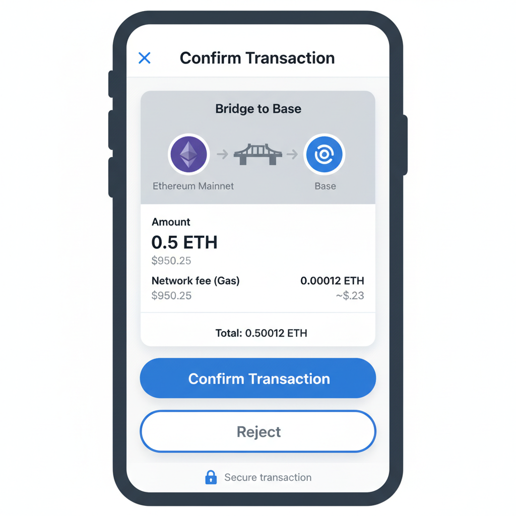 Coinbase Wallet transaction confirmation screen for Base bridge, ETH amount, gas fee display