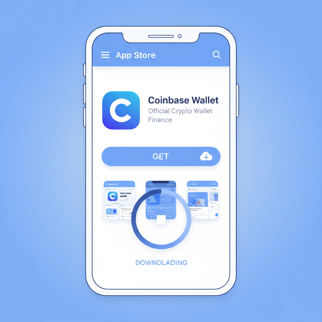 smartphone screen downloading Coinbase Wallet app from app store, clean UI, blue tones
