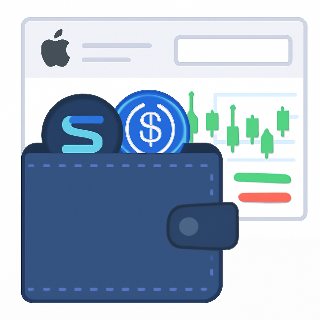 A digital wallet displaying SNX and USDC tokens, with a background of a crypto exchange interface and Apple stock icon.