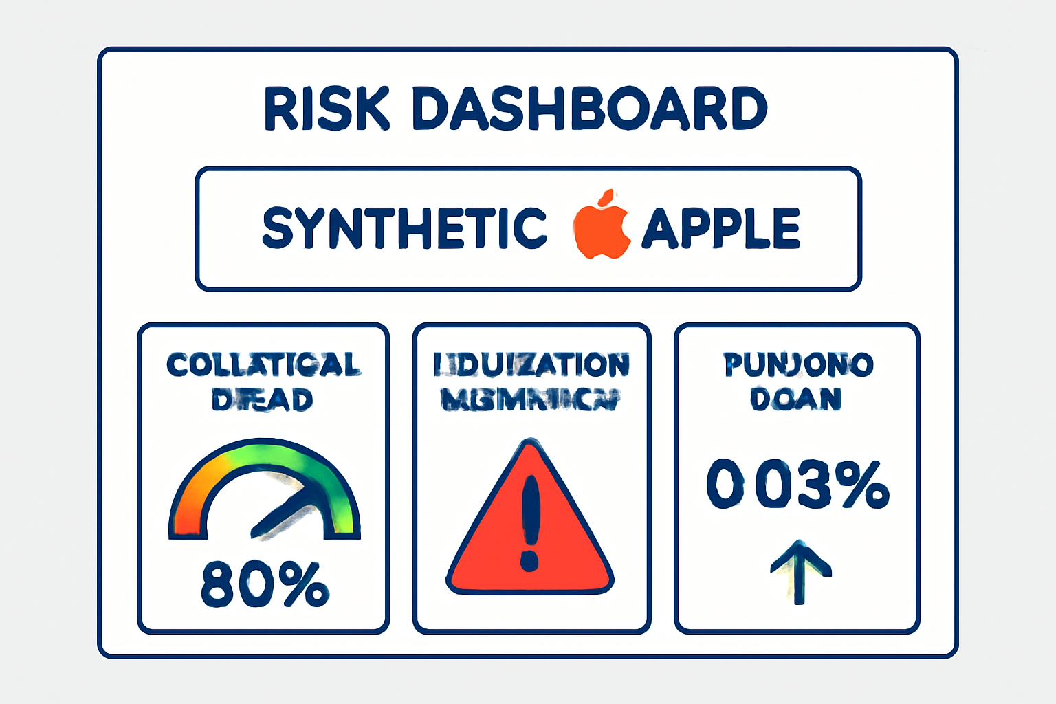 A risk dashboard displaying collateral ratios, liquidation warnings, and funding rates for a synthetic Apple position.