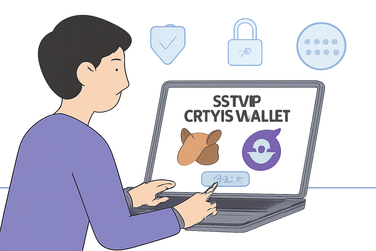 A person setting up a crypto wallet on a laptop, with MetaMask and Phantom logos visible, digital security icons in the background.