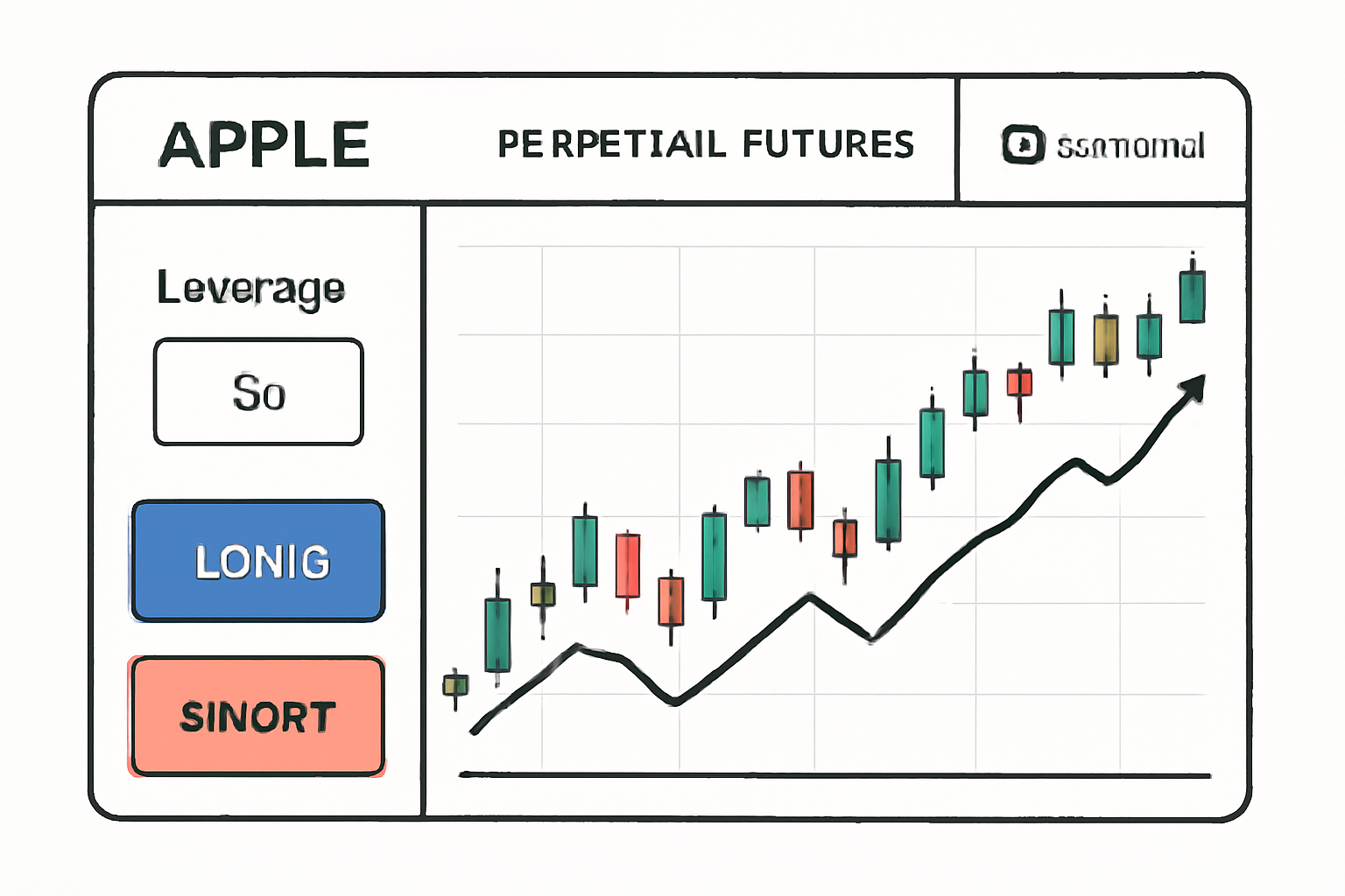 A trading interface showing a perpetual futures chart for Apple, with options for leverage and long/short positions, wallet connected.