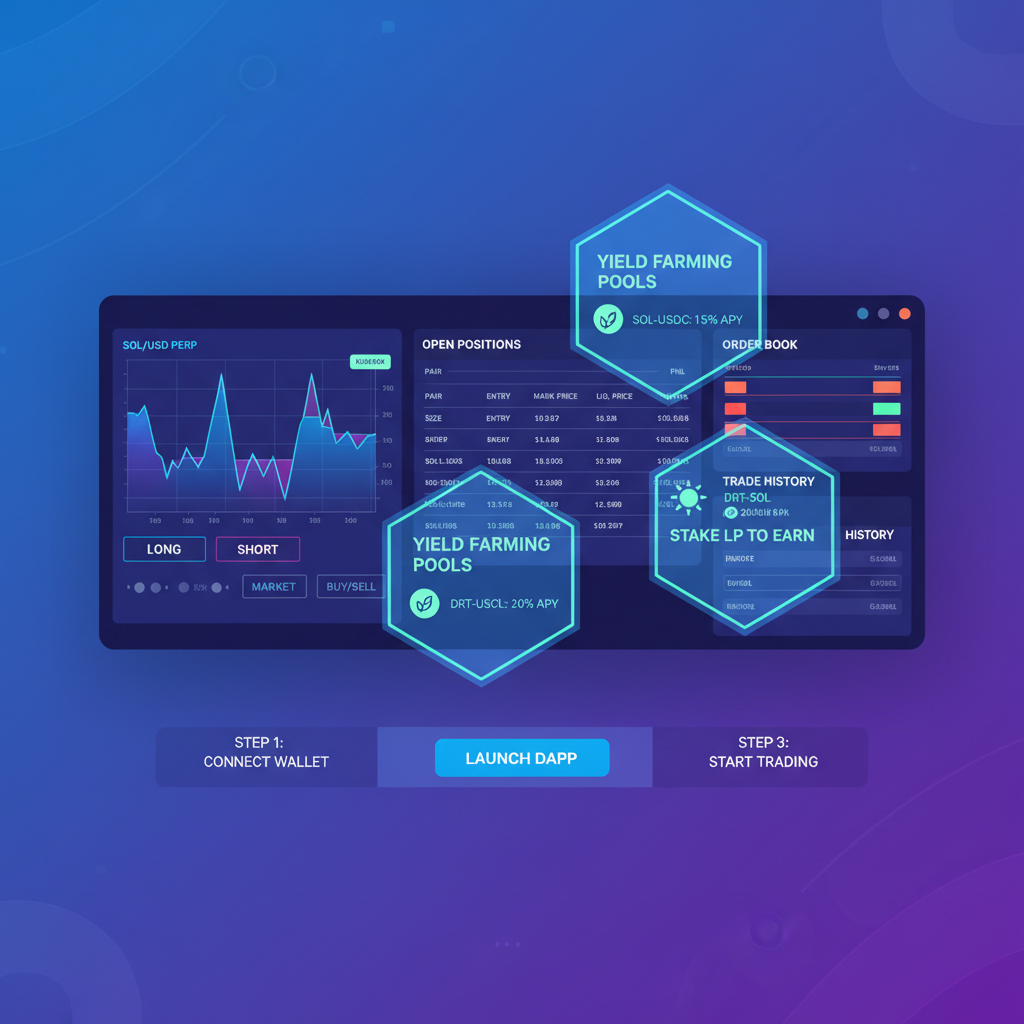 sleek Solana Drift perp trading dashboard with yield farming overlays, neon blue tones, professional UI