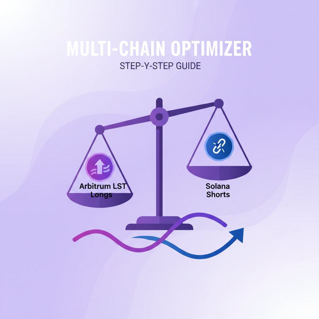 multi-chain portfolio optimizer blending Arbitrum LST longs and Solana shorts, yield curves, balanced scales icon, purple gradients