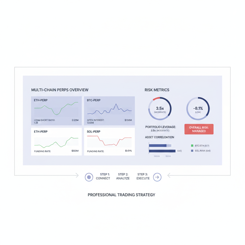 professional trader dashboard multi-chain perps overview, risk metrics, no-hype focus, clean minimalist design