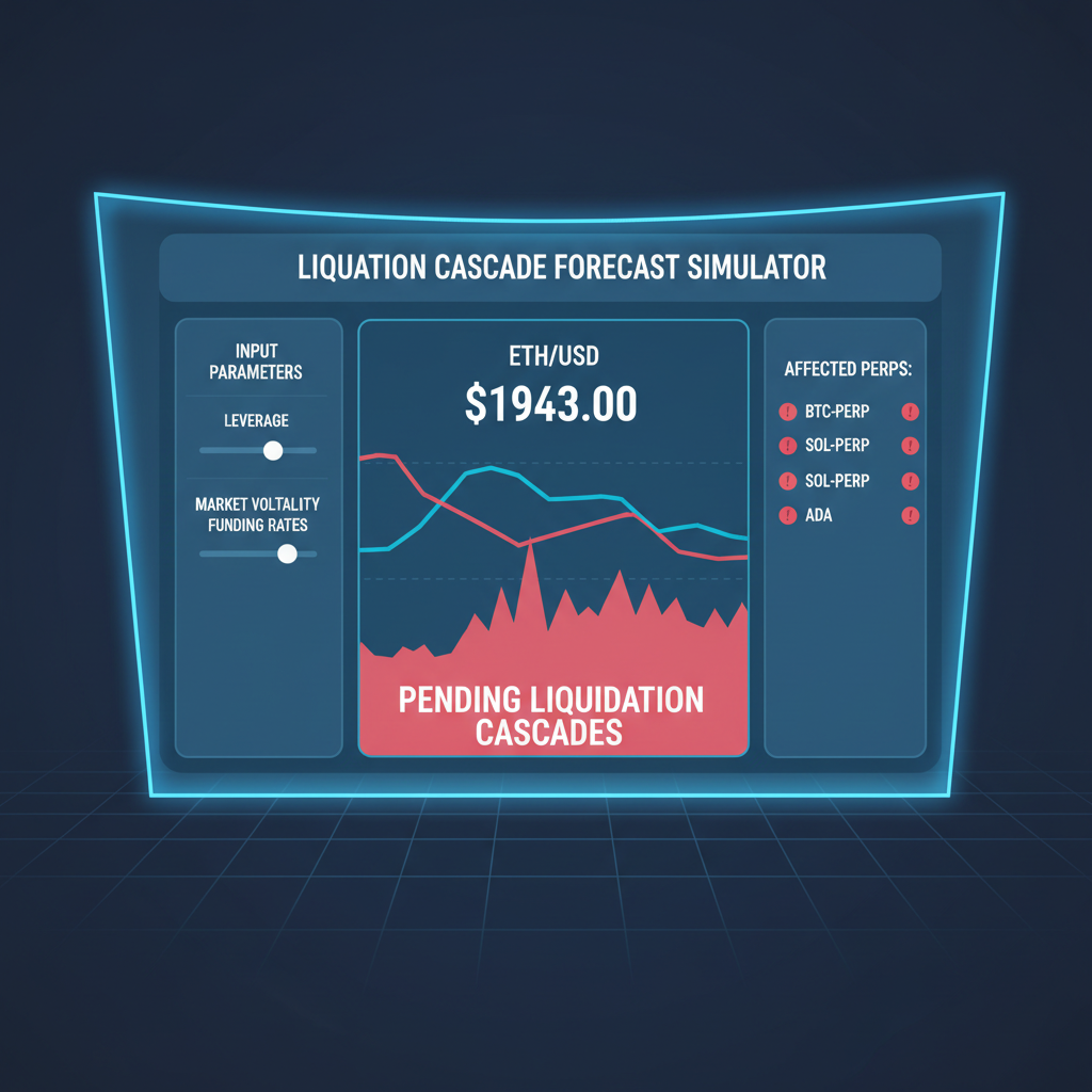 web simulator dashboard forecasting perp liquidation cascades, ETH price at $1943 chart, red warning zones, holographic display