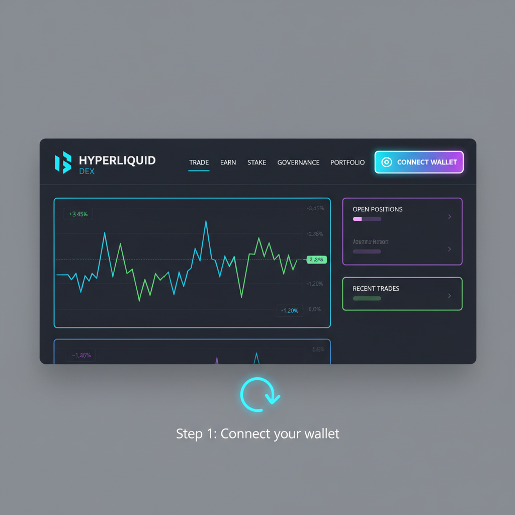 sleek web interface showing wallet connection button on Hyperliquid DEX dashboard, futuristic UI, neon accents, dark mode