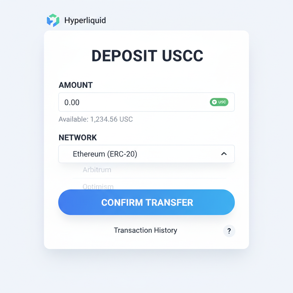 deposit USDC screen on Hyperliquid platform, showing transfer input fields and network selector, clean modern design