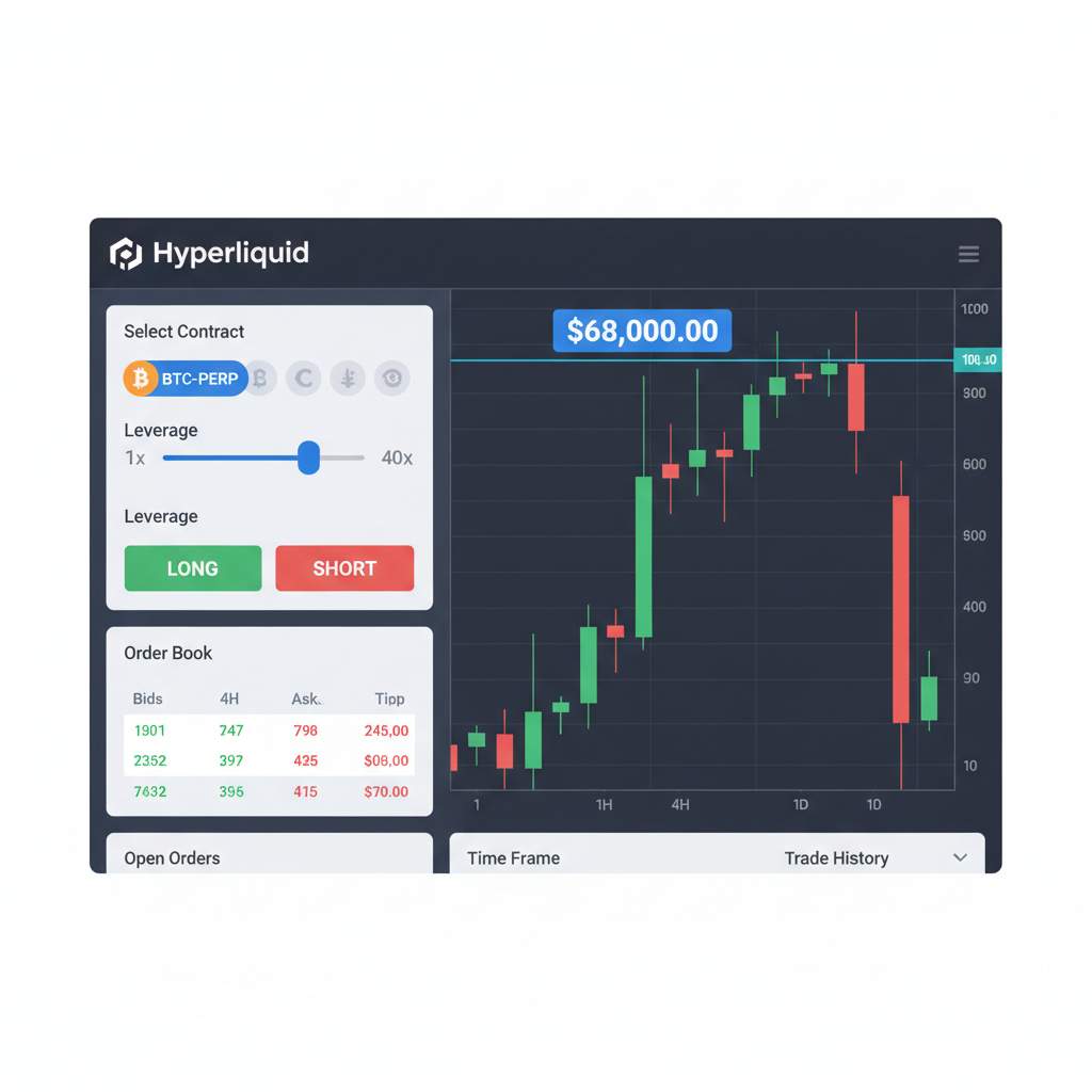 Hyperliquid trading dashboard selecting BTC perp contract with 40x leverage slider, BTC price chart at $68k, TradingView style