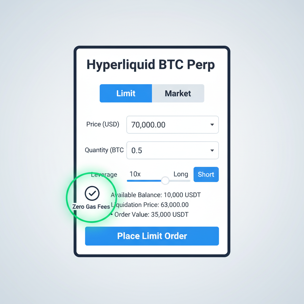 placing limit order on Hyperliquid BTC perp, order form with price quantity leverage, zero gas indicator highlighted