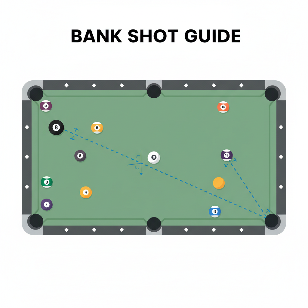 8-ball pool table bank shot trajectory lines diamonds angles balls rebounding realistic