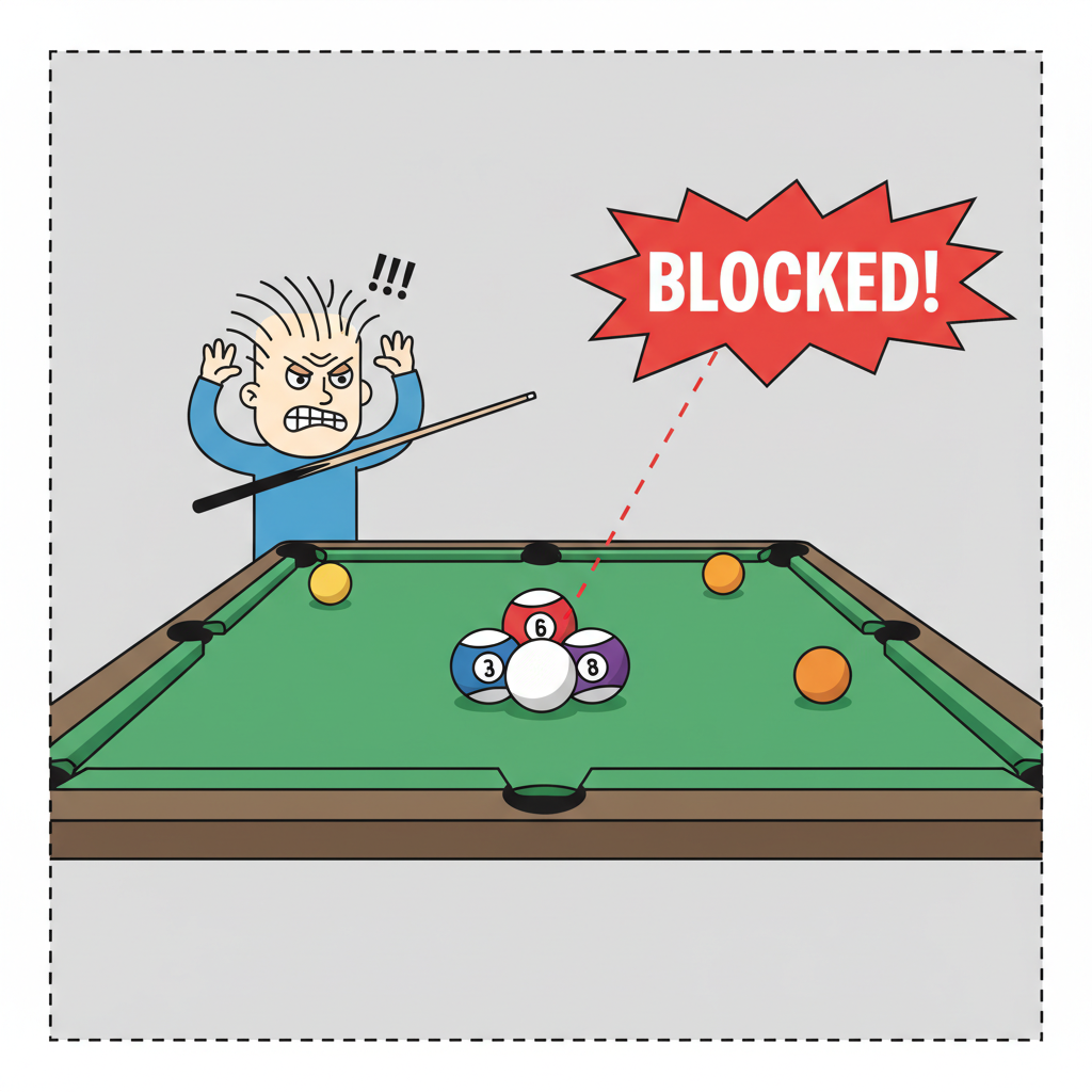 pool table cue ball safely hidden behind ball cluster opponent frustrated realistic