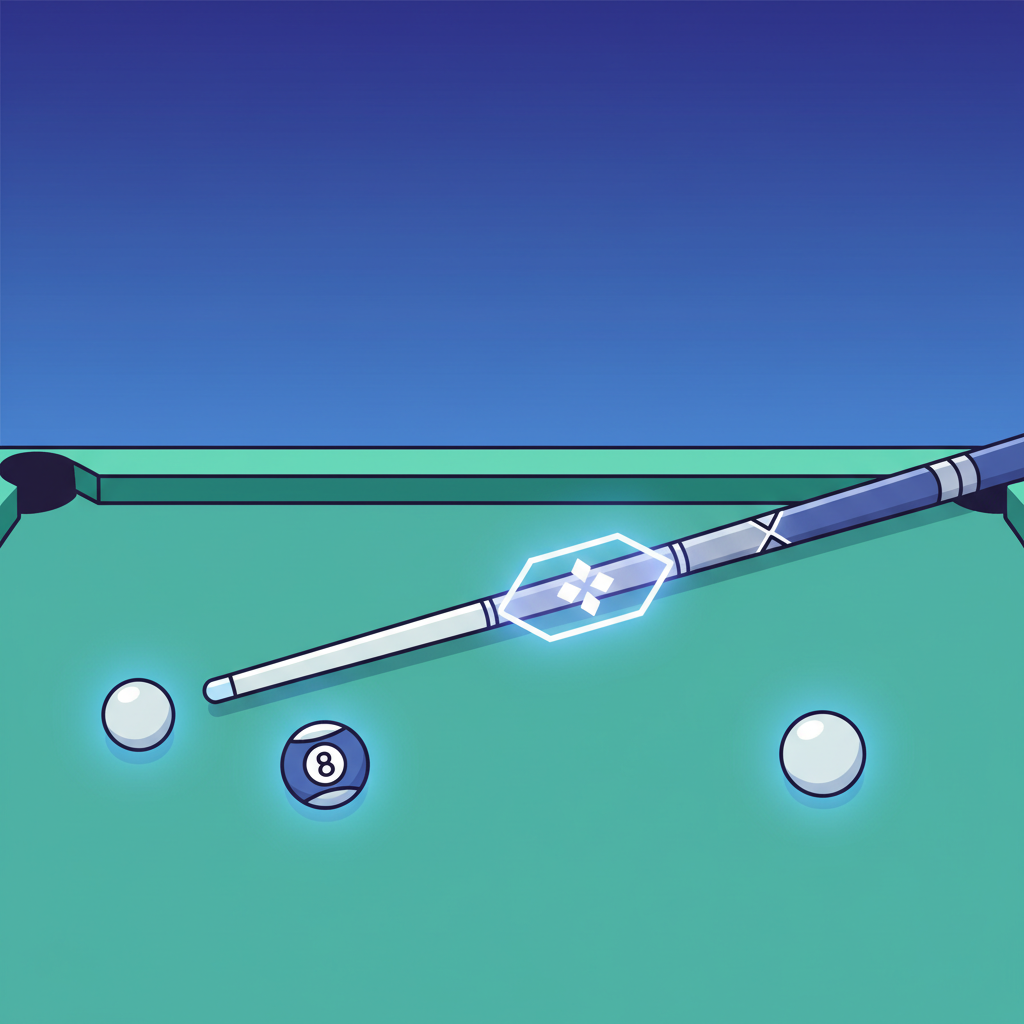 glowing NFT pool cue with Solana logo futuristic design on green felt table