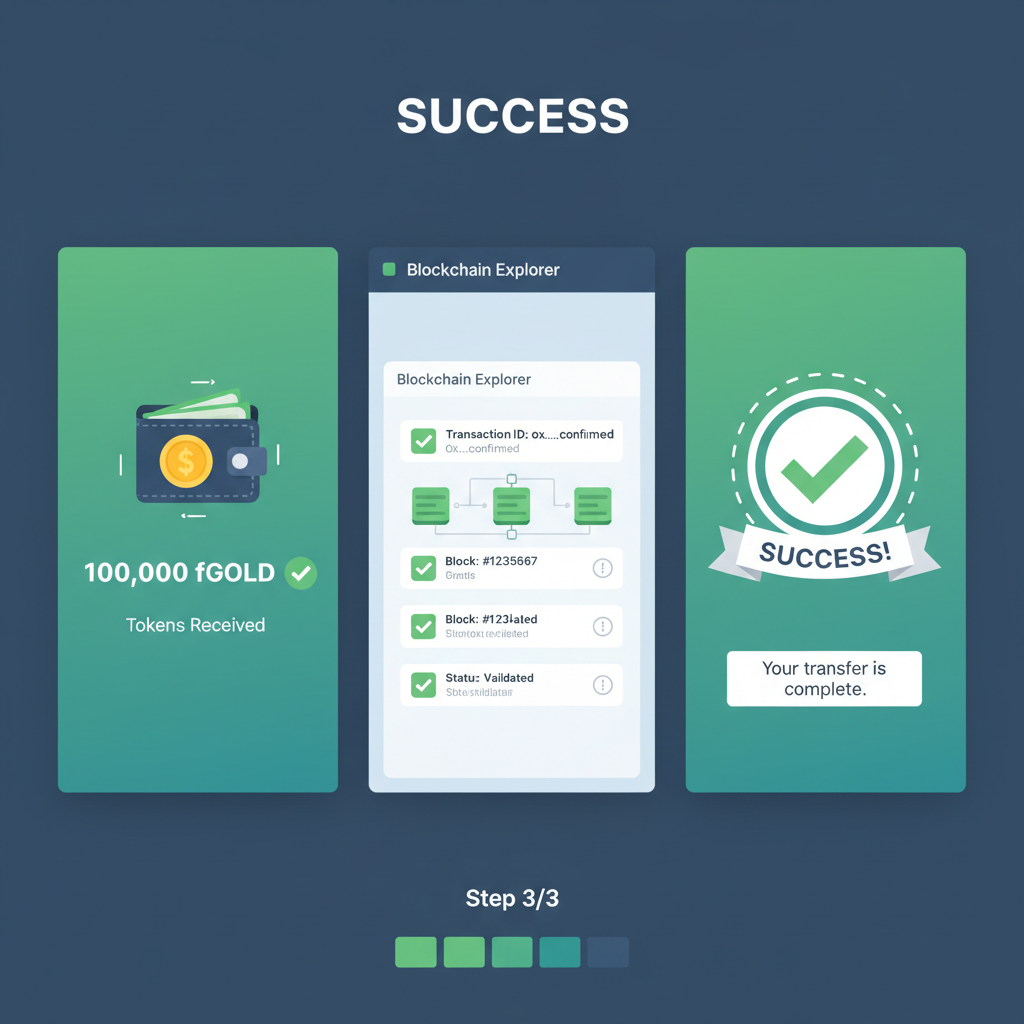 Success confirmation screen with fGOLD tokens in wallet, blockchain explorer view, green checkmarks