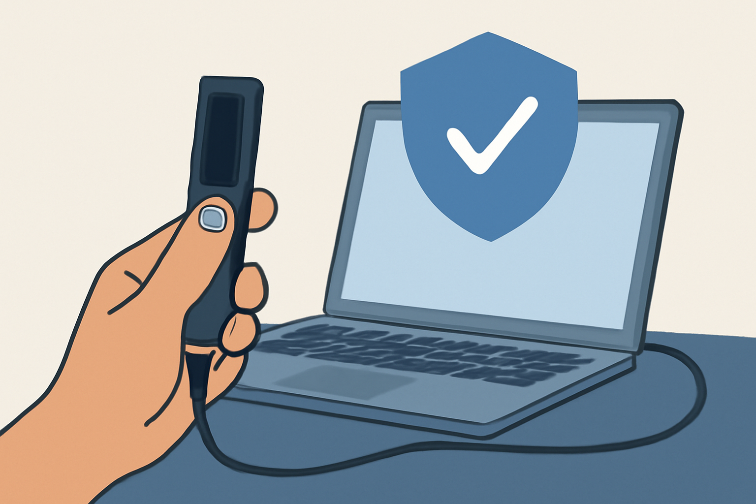 A hand holding a hardware crypto wallet device (like a Ledger or Trezor) next to a laptop, with a shield icon overlay for security.