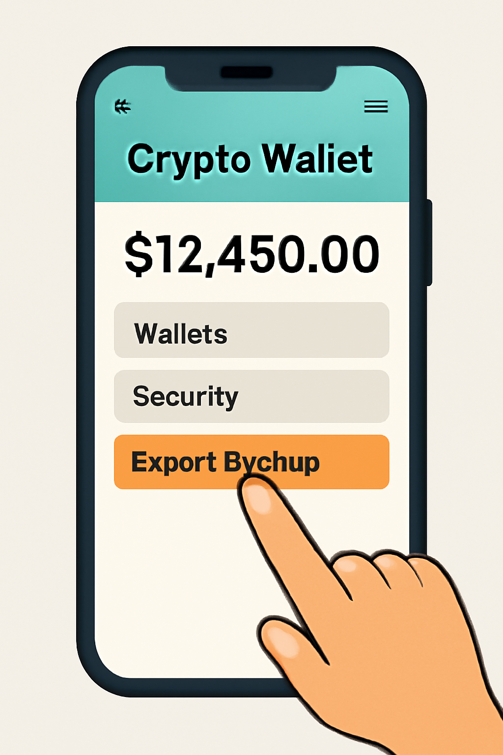 A phone screen displaying a crypto wallet app with a highlighted 'Export Backup' button, and a hand pointing to it. No cloud icons visible.