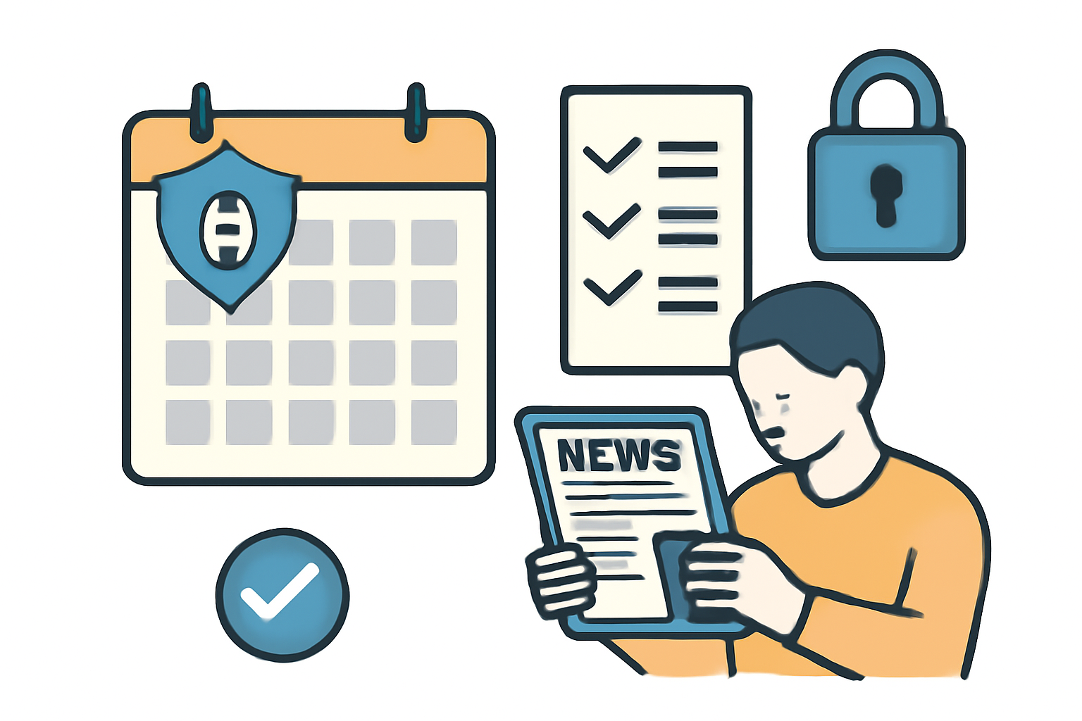 A calendar with security icons, a checklist, and a person reading news on a tablet, symbolizing regular review and vigilance.