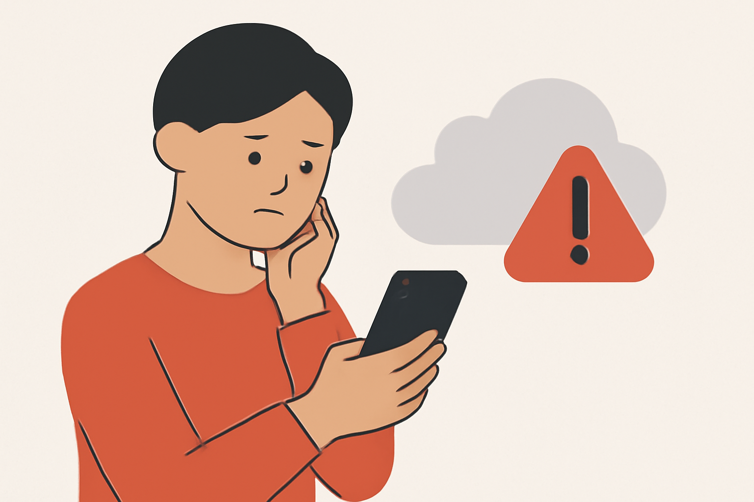 A concerned person looking at a smartphone with a cloud icon and a warning sign overlay, representing privacy risks.