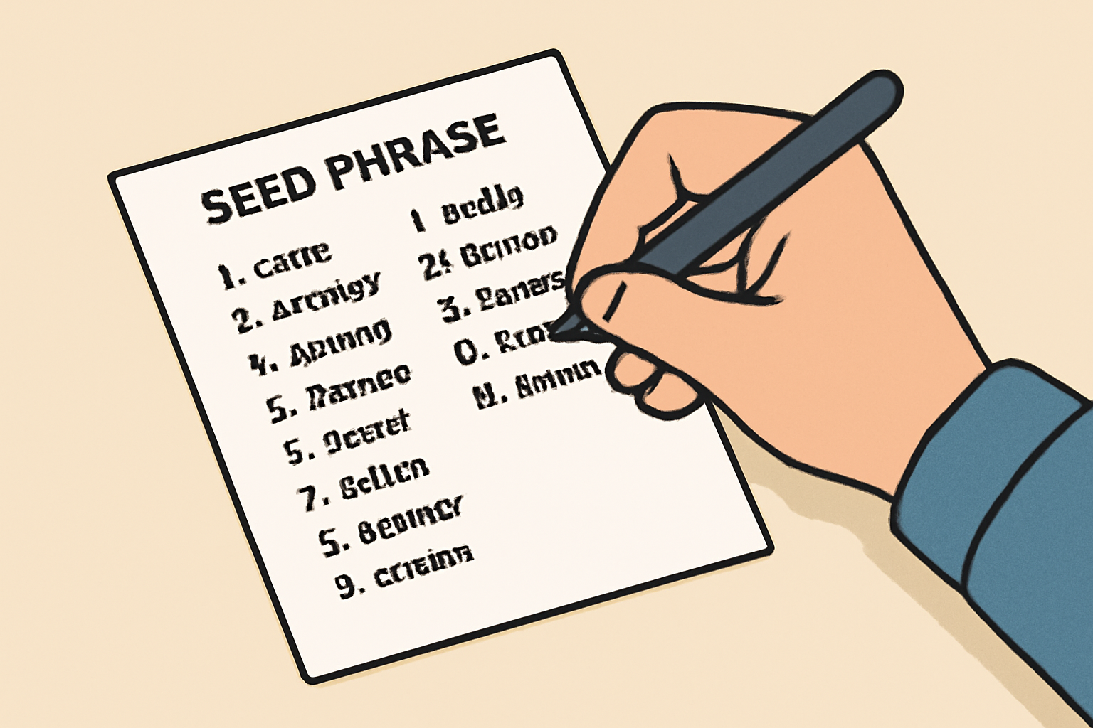 A close-up of a hand writing a 12-word seed phrase on a piece of paper, with a pen and a clean, uncluttered background.