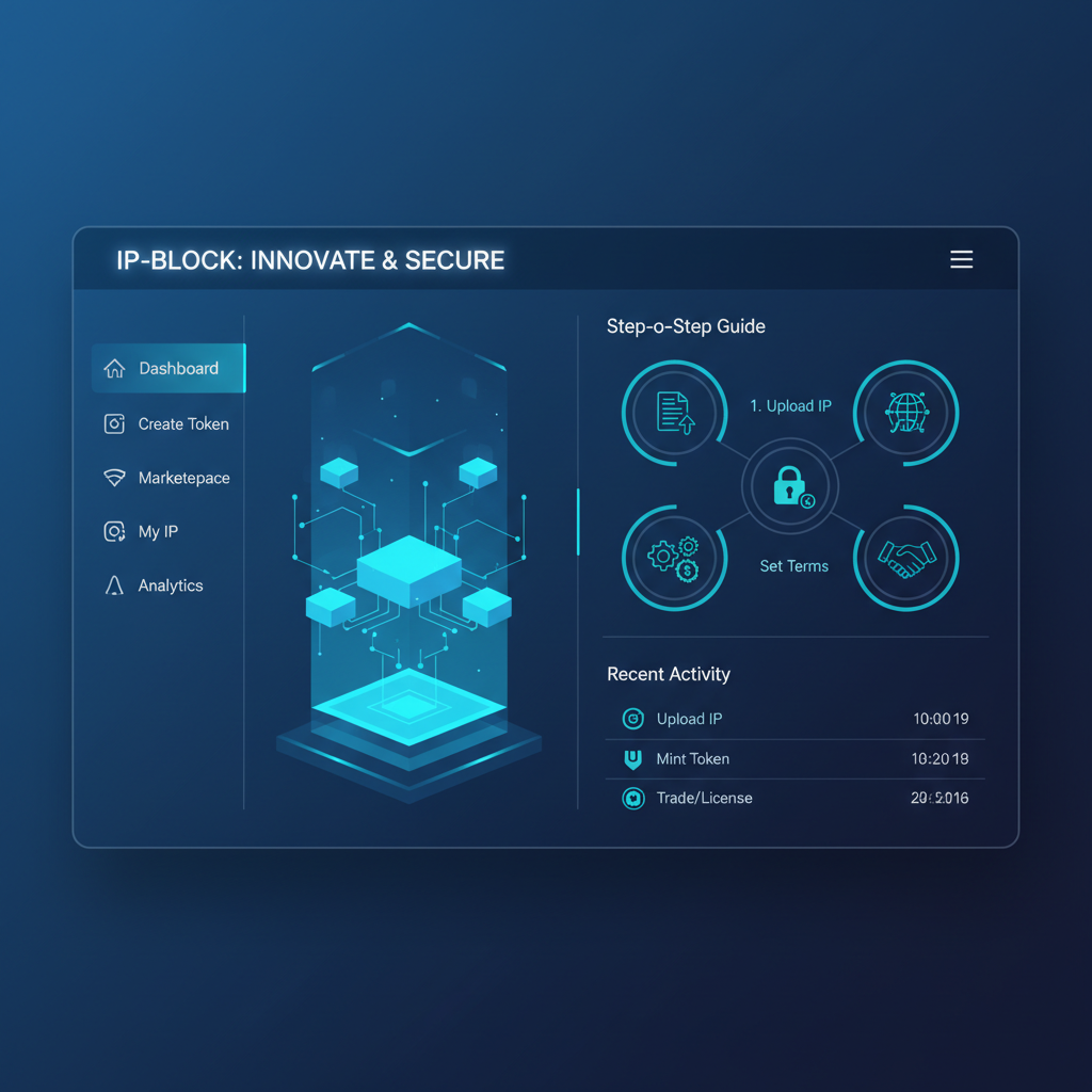 futuristic blockchain dashboard for IP tokenization platform, sleek UI, blue tones