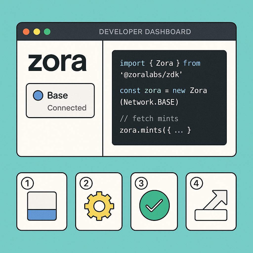 A developer dashboard with Zora SDK open, showing Base network connection, code snippets visible