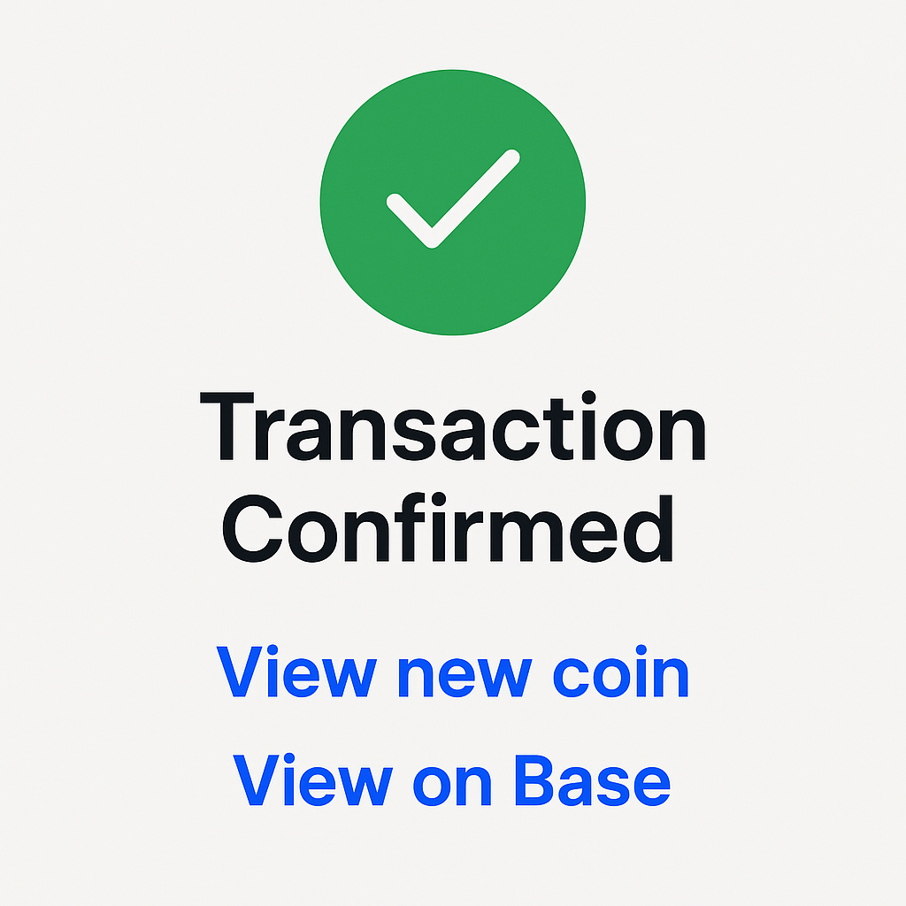 A transaction confirmation screen with links to the new coin and Base network details, digital design