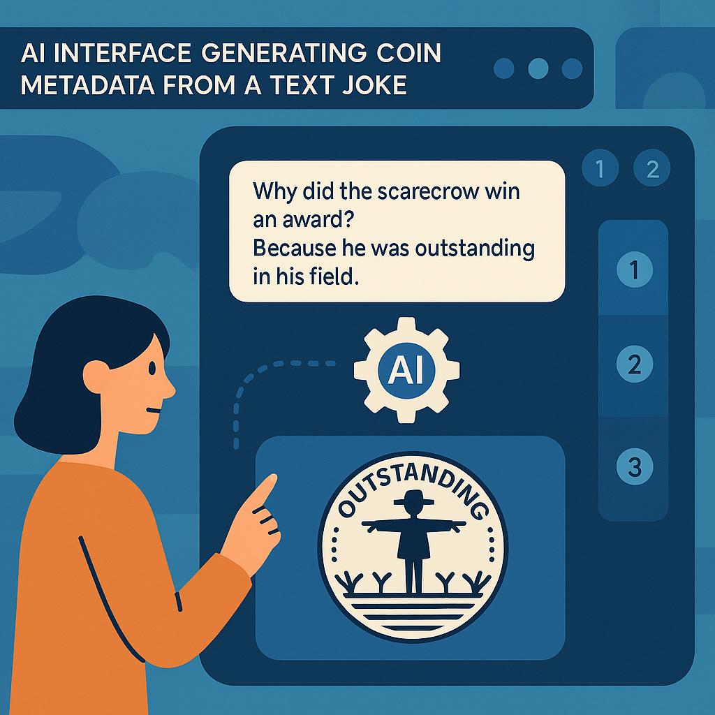 AI interface generating coin metadata from a text joke, futuristic and user-friendly design