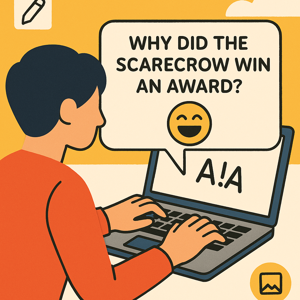 A person typing a funny joke on a laptop, bright and playful atmosphere, digital content creation