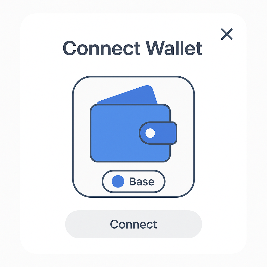 A digital wallet interface showing connection to the Base network, modern UI, minimal style