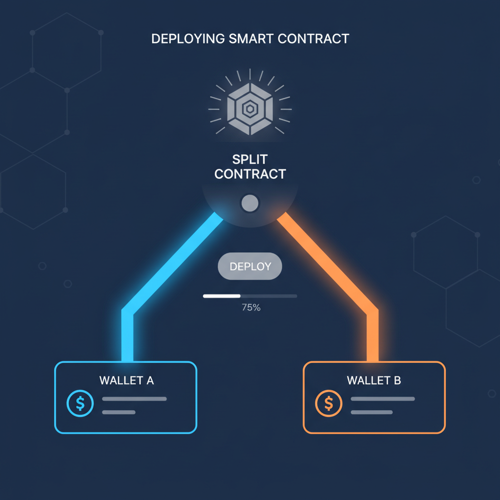 deploying glowing split smart contract on blockchain dashboard, energy beams splitting funds