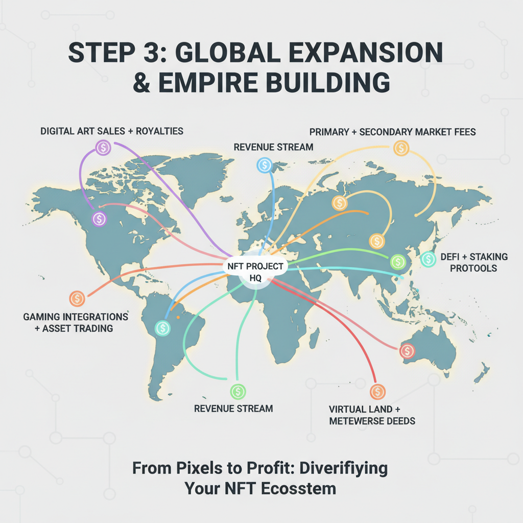scaling NFT project to empire, global map with revenue streams splitting worldwide