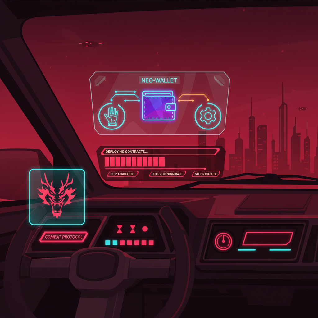 neon cyberpunk dashboard with wallet connecting, aggressive red glow, futuristic UI deploying contracts