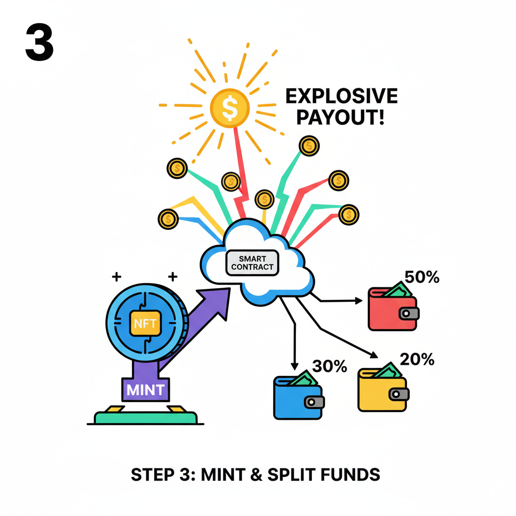 minting NFT with funds splitting to multiple wallets, explosive payout animation