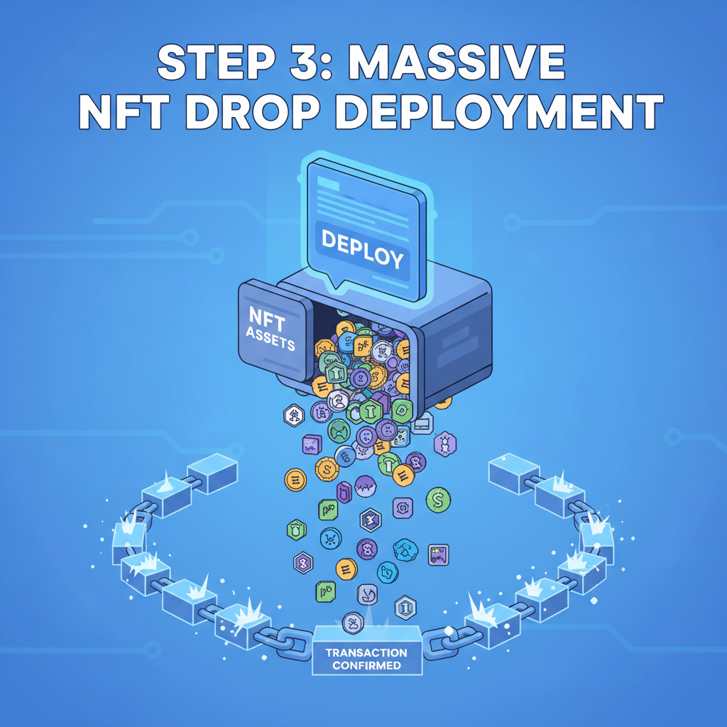massive NFT drop contract deployment, raining tokens, explosive chain reaction