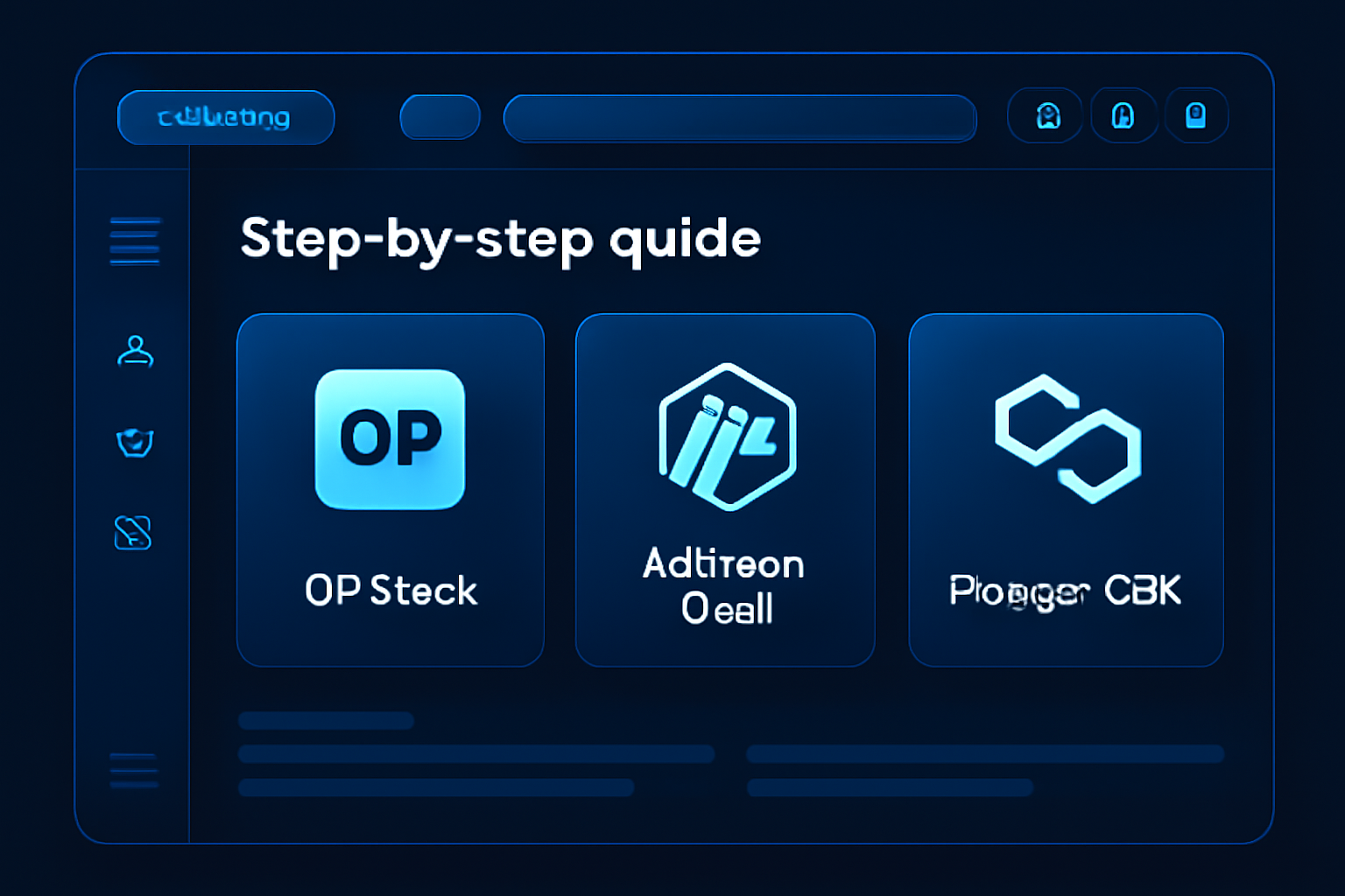sleek web dashboard interface with icons for OP Stack, Arbitrum Orbit, Polygon CDK frameworks, futuristic blockchain UI, high-tech blue tones